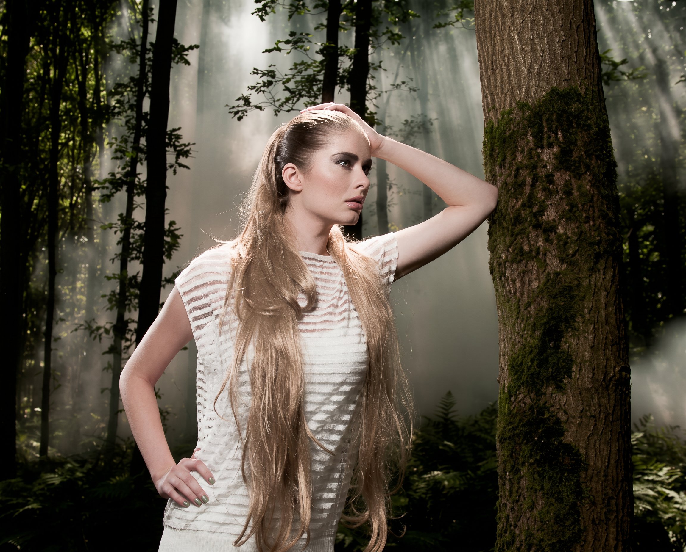 Fashion portrait in a misty forest with backlight through the trees